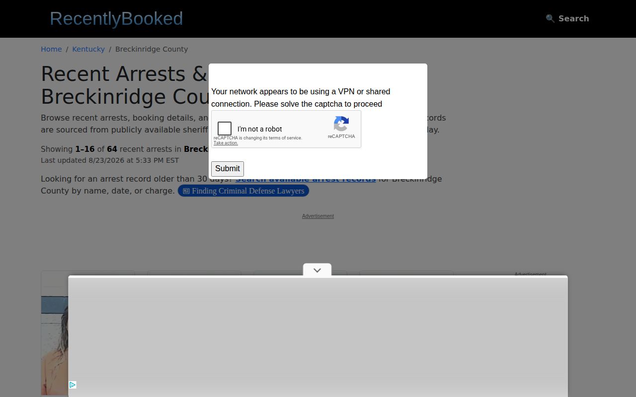 Unofficial Breckinridge County recent booking record index on RecentlyBooked