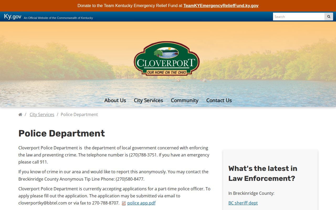 Cloverport Police Department arrest-record contact page in Breckinridge County