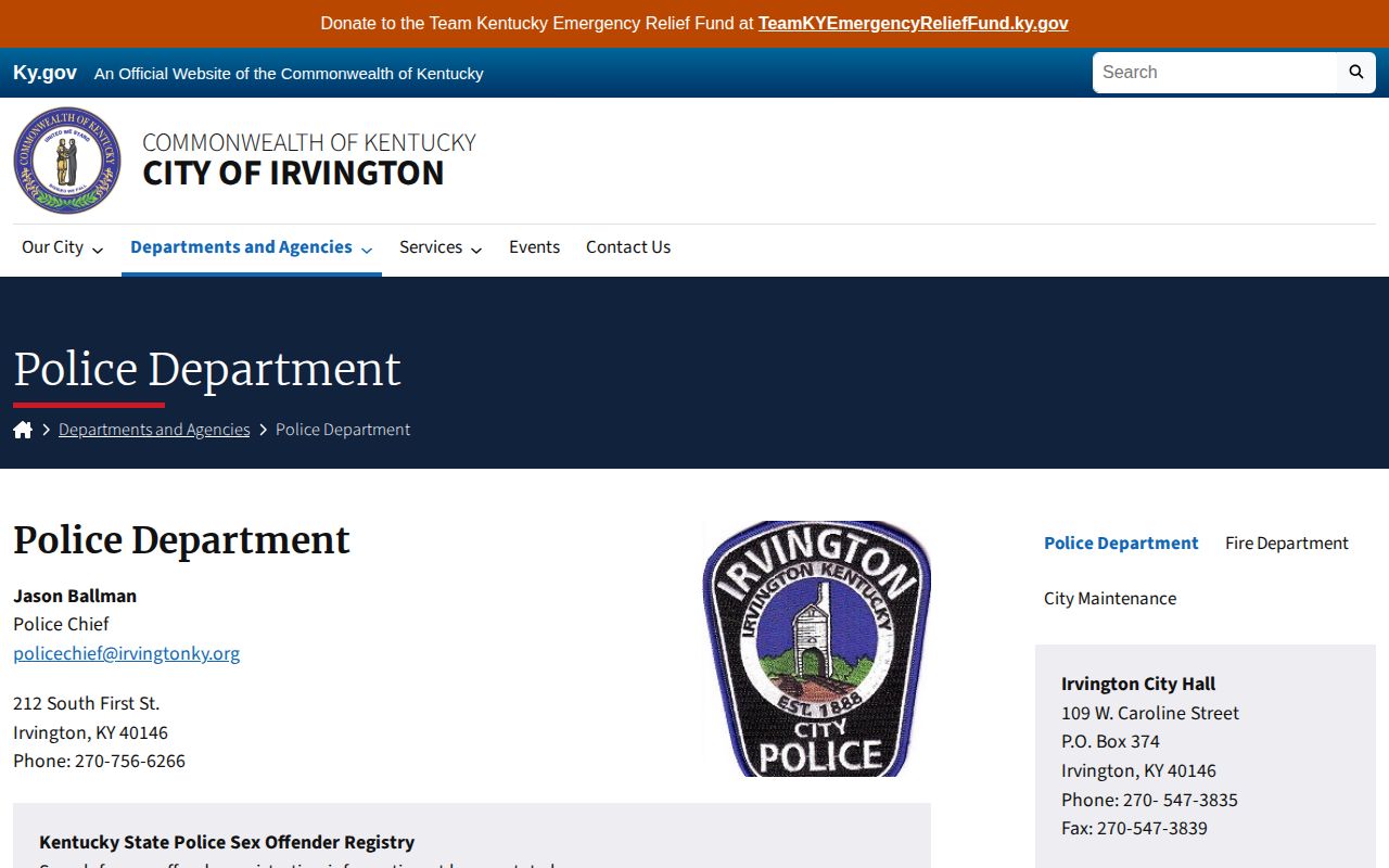 Irvington Police Department contact for Breckinridge County arrest records
